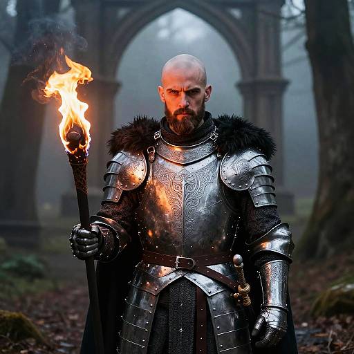 Medieval Knight Wearing Armor Holding Torch in Misty Forest