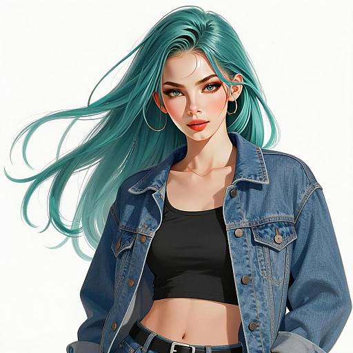 Trendy Young Woman with Teal Hair Wearing Denim Jacket and Black Crop Top
