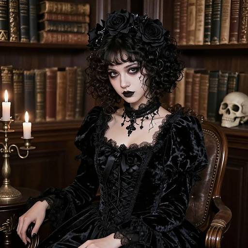 Gothic Victorian Woman in Black Velvet Dress in Antique Library