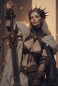 Fierce Warrior Woman in Dark Fantasy Armor Holding Sword