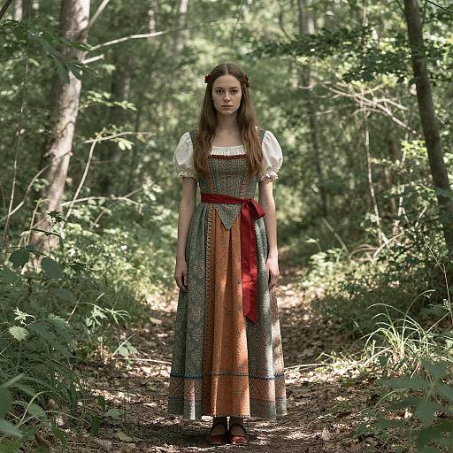 Woman in Traditional Medieval Style Dress Standing in Forest Pathway
