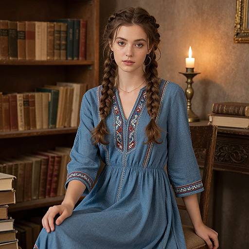 Young Woman in Blue Embroidered Dress Sitting in Vintage Library