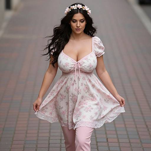 Woman in Pink Floral Dress with Flower Crown Walking Outdoors