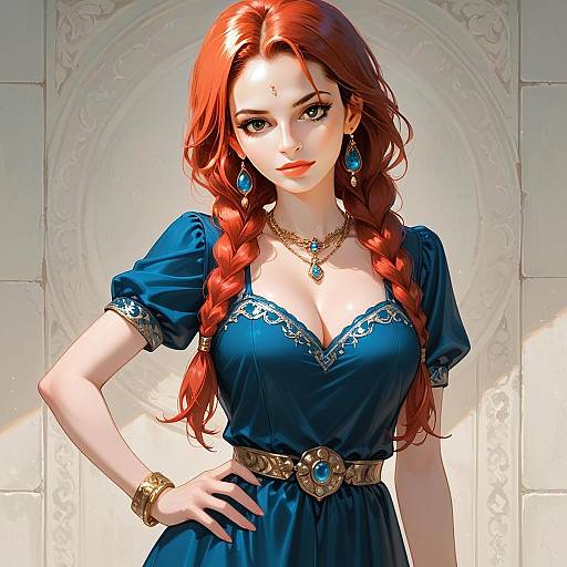 Fantasy Illustration of Woman with Red Braids in Elegant Blue Medieval Dress