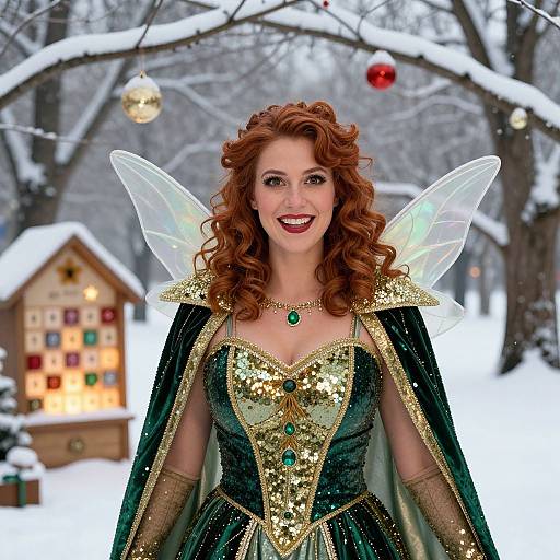 Joyful Red-Haired Fairy Woman in Green Gold Sequined Costume with Wings in Winter