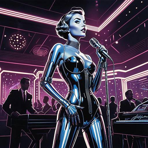 Futuristic Android Singer Performing in Neon Retro Nightclub