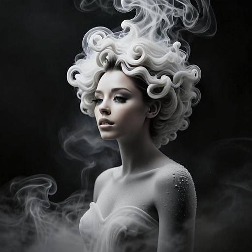 Surreal Woman with Curly White Hair Blending into Smoke