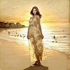 Elegant Woman on Beach at Sunset