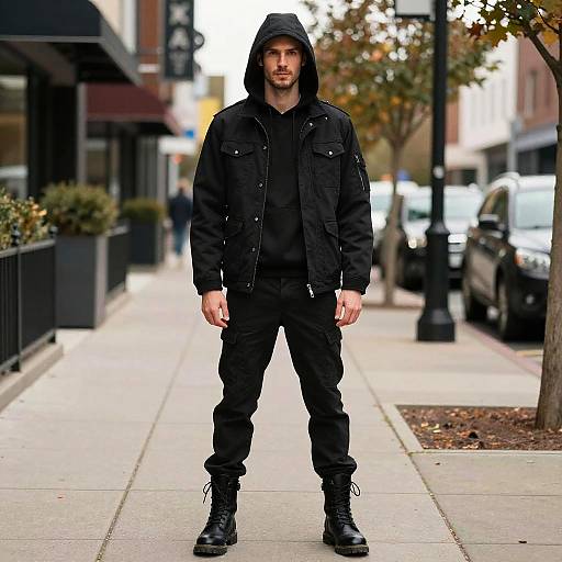 Man in Black Gingy Costume Hooded Jacket and Boots on Urban Sidewalk