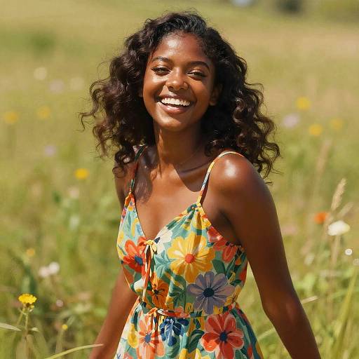 Happy Young Woman in Floral Dress in Sunny Wildflower Meadow