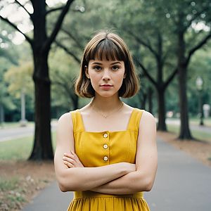 Young Woman in Mustard Dress on Pathway