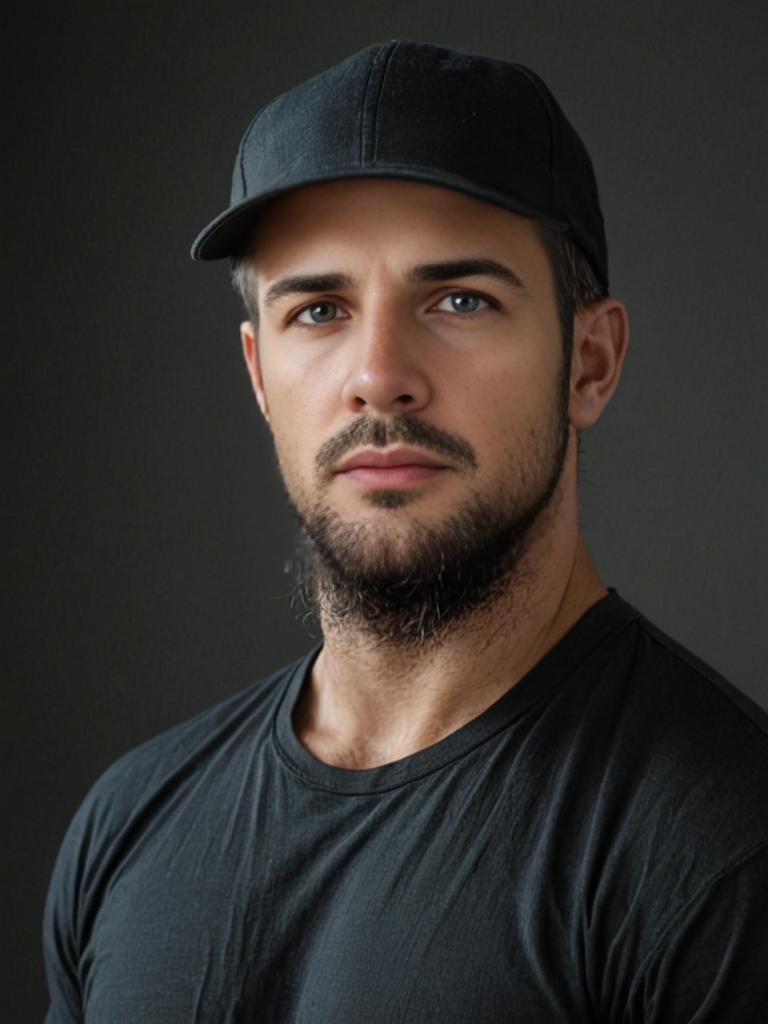 Man with Beard in Black Cap and Shirt