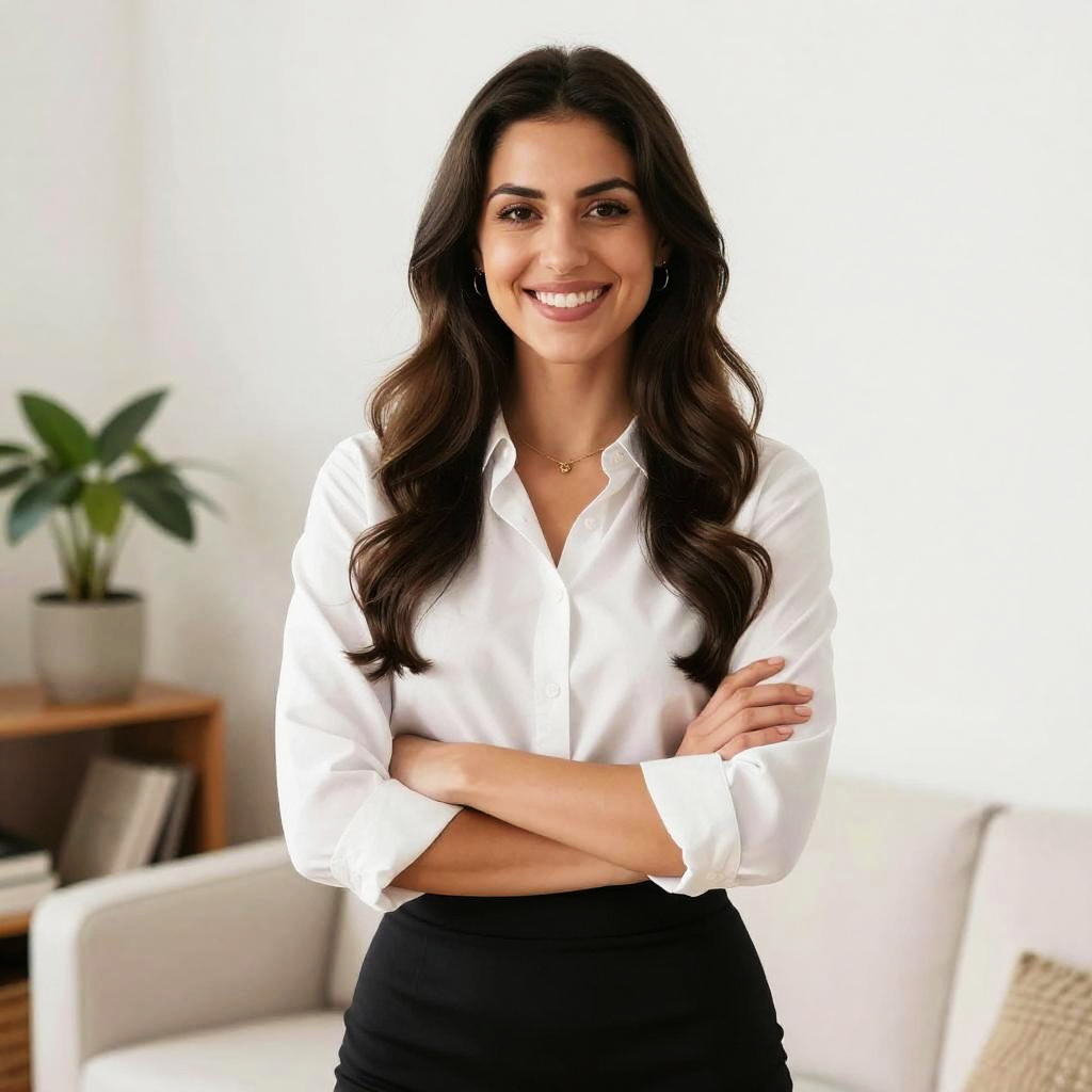 Confident Young Woman in Modern Office Wearing White Shirt and Black Skirt