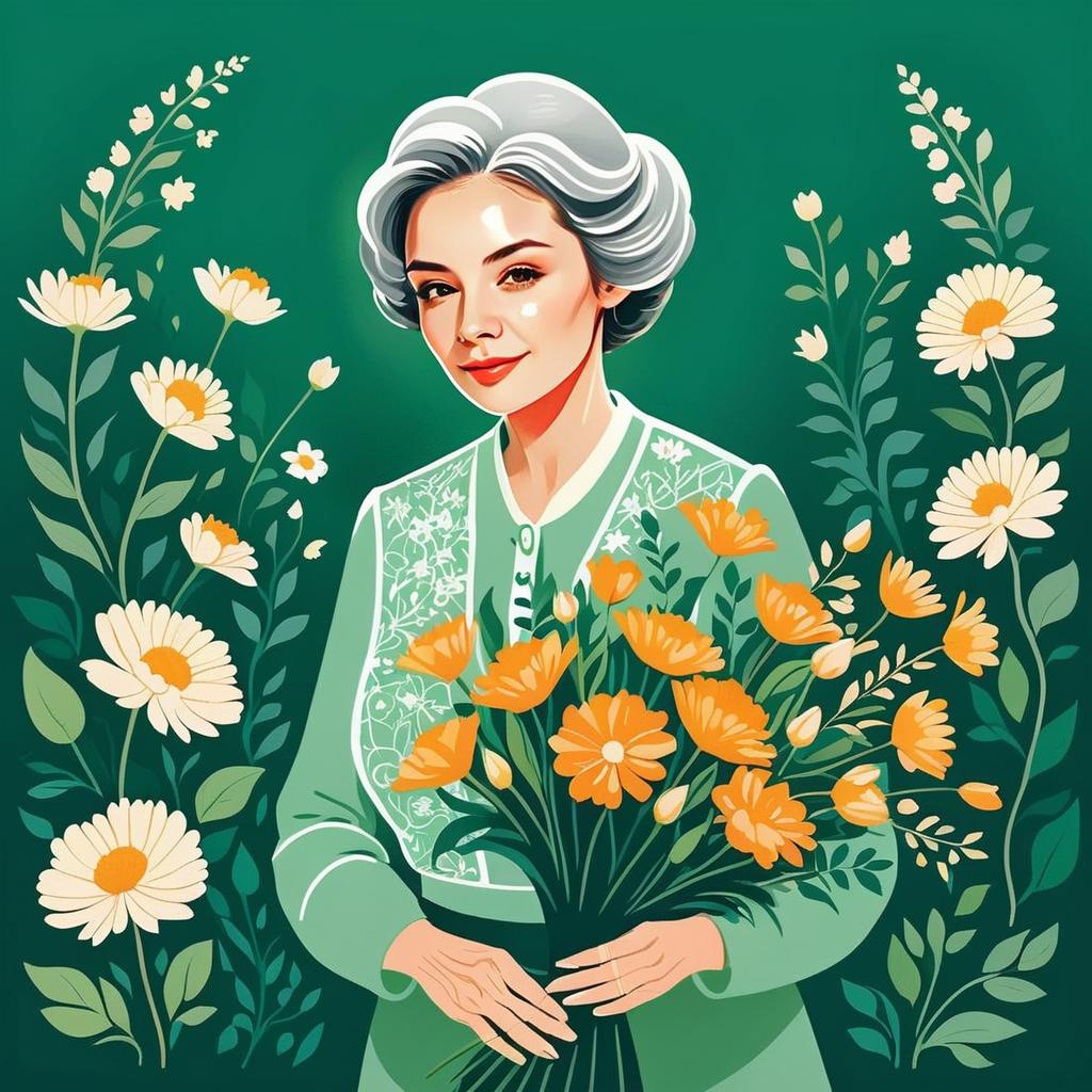 Woman with Bouquet Surrounded by Blooming Plants Woman with Bouquet Surrounded by Blooming Plants