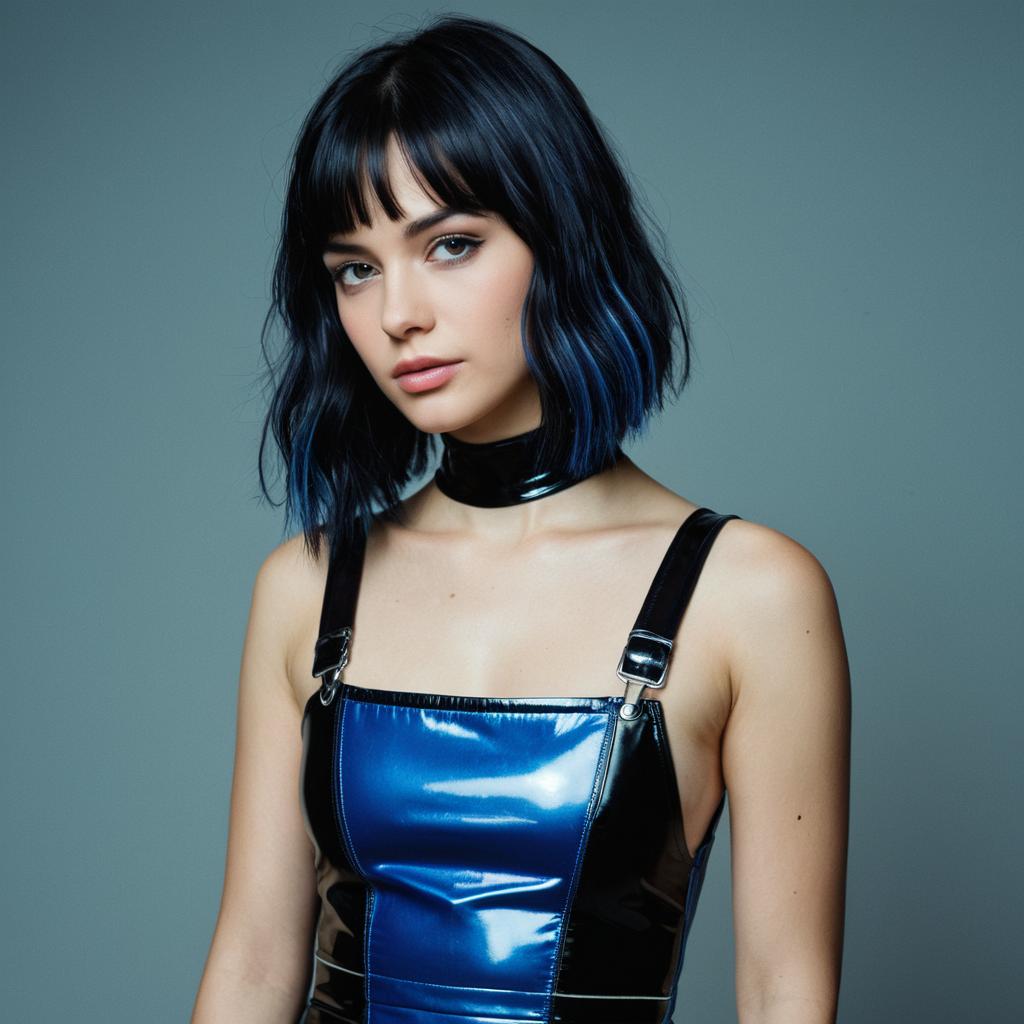 Young Woman in Edgy Black and Blue Leather Dress Young Woman in Edgy Black and Blue Leather Dress