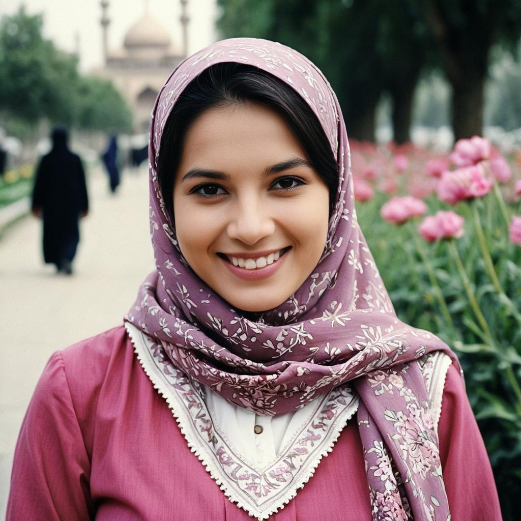 Young Woman in Floral Purple Hijab Smiling in Garden Young Woman in Floral Purple Hijab Smiling in Garden