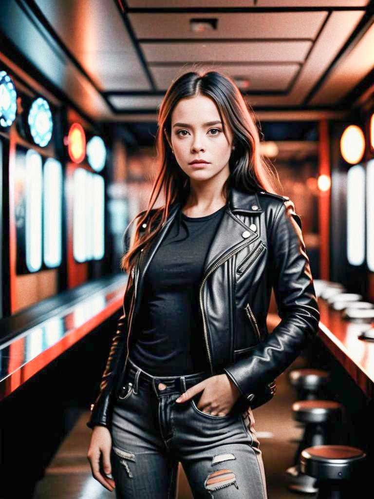 Confident Woman in Leather Jacket with Neon Lights