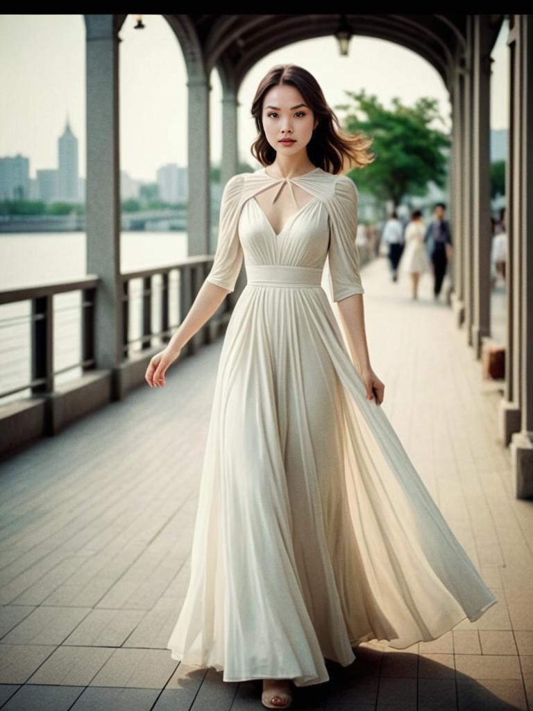 Elegant Woman in Flowing Dress Under Archways