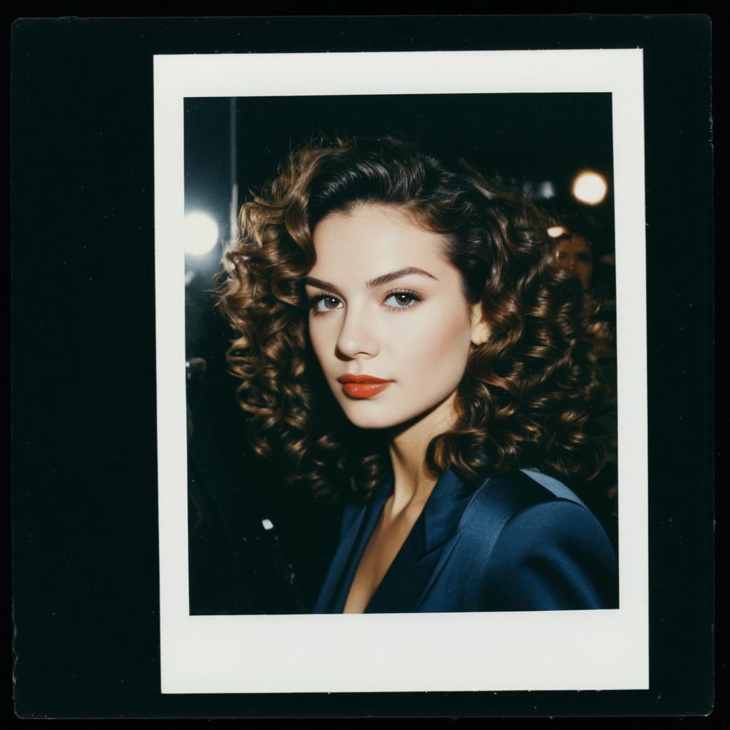 Polaroid Portrait of Glamorous Woman with Curly Hair in Navy Satin Blazer