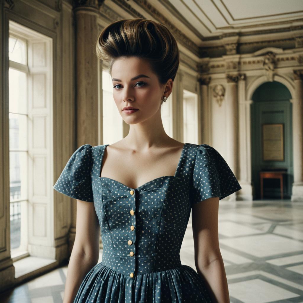 Vintage Style Woman in Blue Dress in Elegant Historic Interior