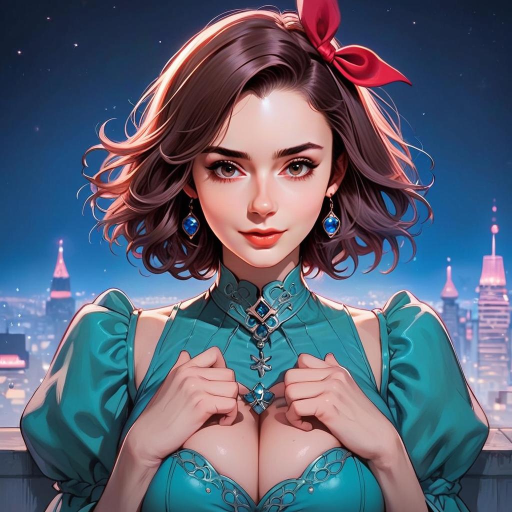 Stylish Woman in Turquoise Outfit Against Cityscape