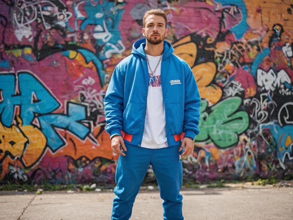 Hip-Hop Style in Blue Tracksuit with Graffiti Backdrop