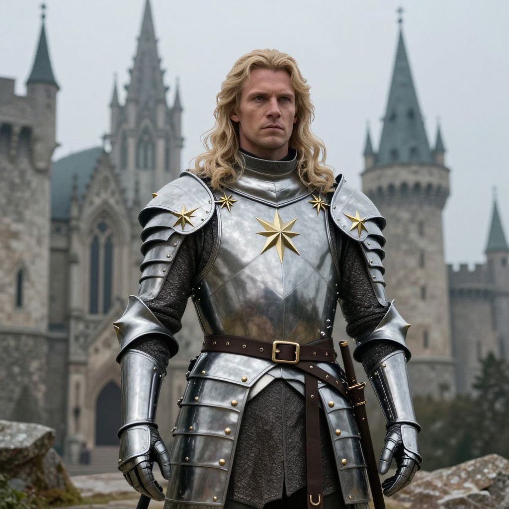 Medieval Knight in Armor with Golden Stars in Front of Gothic Castle