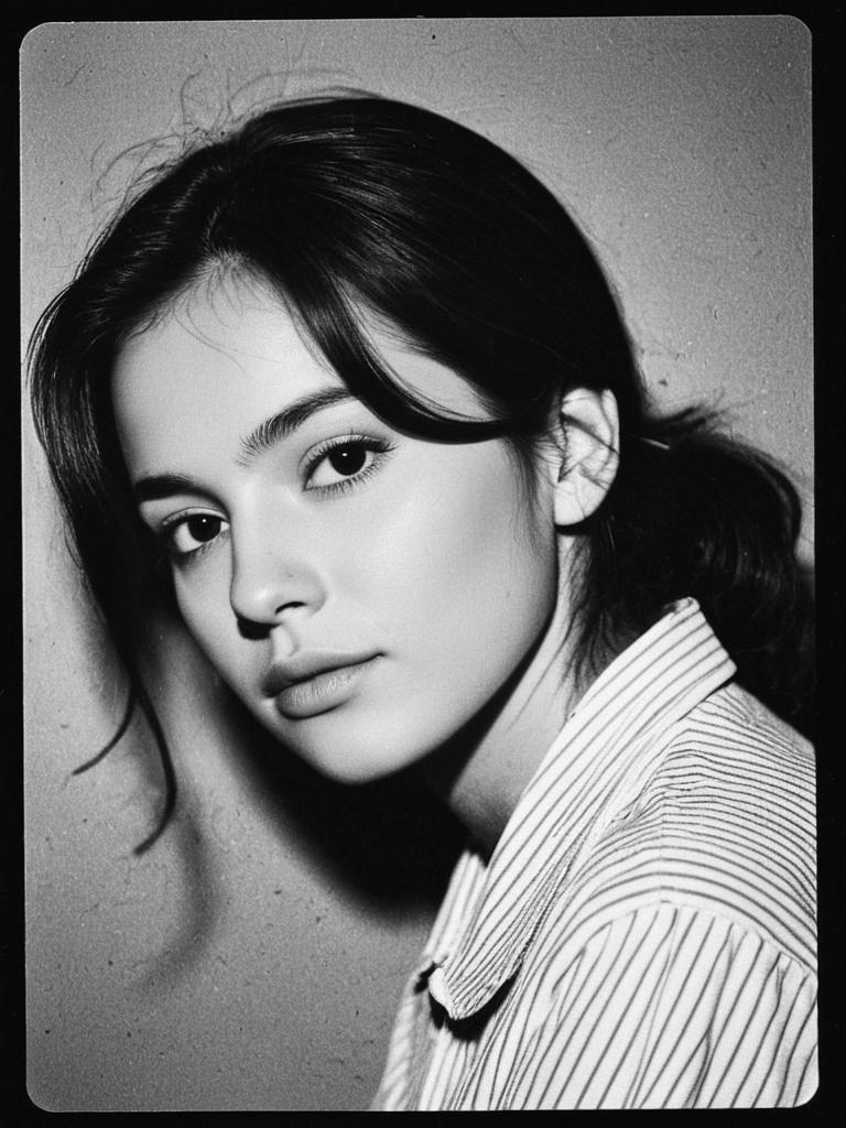Black and White Vintage Portrait of Young Woman in Striped Shirt