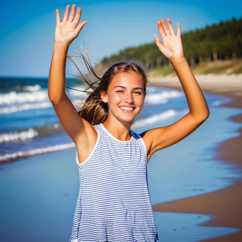 Cheerful woman on sunny beach