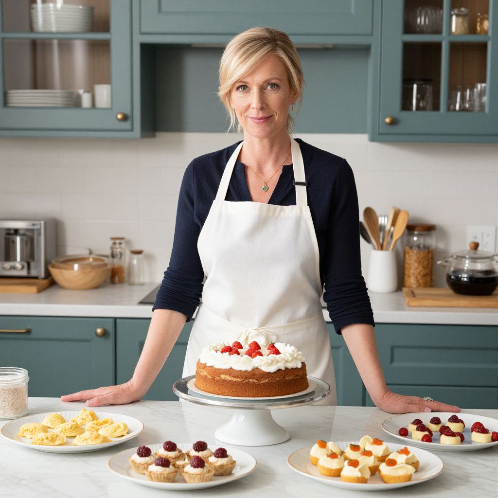 Woman Baking Assorted Desserts in Modern Kitchen with Teal Cabinets