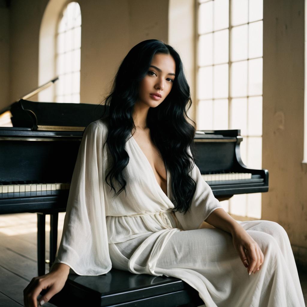 Elegant Woman in White Dress Sitting by Grand Piano in Sunlit Room