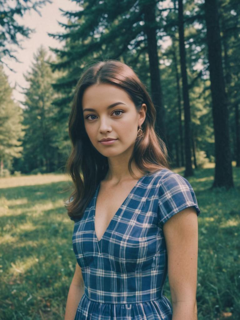 Woman in Blue Plaid Dress Outdoors