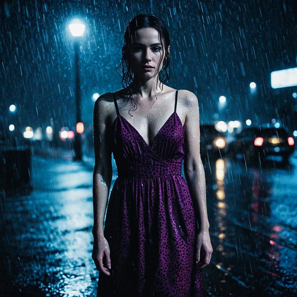 Woman in Purple Dress in Rainy Urban Night