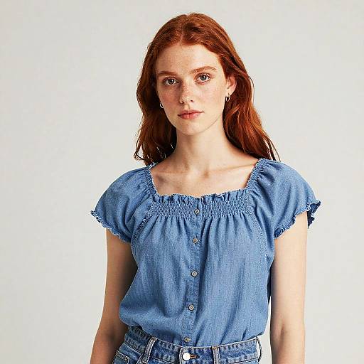 Young Woman Wearing Blue Denim Summer Top with Puff Sleeves