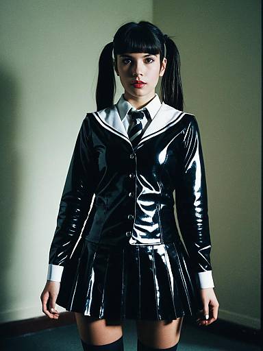 Woman in Glossy Black Latex Schoolgirl Costume with Cinematic Realism