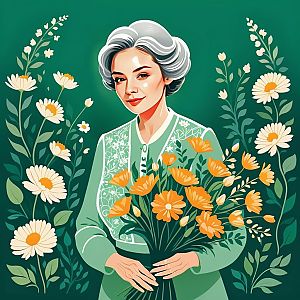 Woman with Bouquet Surrounded by Blooming Plants