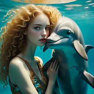 Woman Embracing Dolphin Underwater
