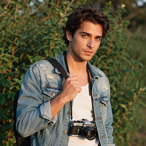 Young Man with Vintage Camera in Denim Jacket Outdoors