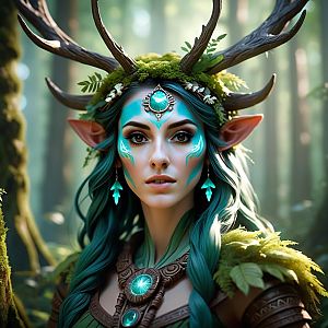 Mystical Woman with Turquoise Hair in Enchanted Forest