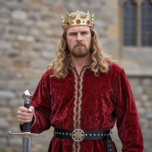 Medieval King Portrait in Red Velvet Robe Holding Sword