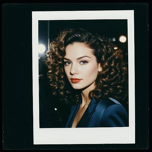 Polaroid Portrait of Glamorous Woman with Curly Hair in Navy Satin Blazer