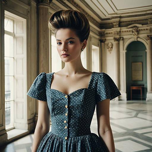 Vintage Style Woman in Blue Dress in Elegant Historic Interior
