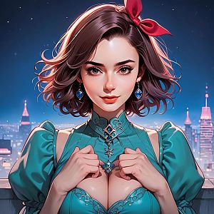 Stylish Woman in Turquoise Outfit Against Cityscape