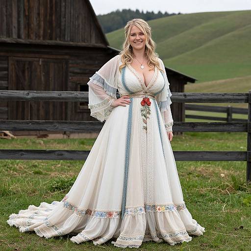 Smiling Woman in Vintage Floral Embroidered White Gown Outdoors