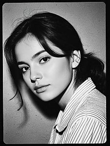 Black and White Vintage Portrait of Young Woman in Striped Shirt