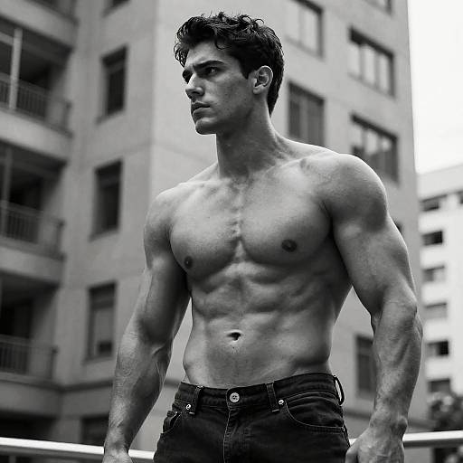 Shirtless Muscular Young Man Urban Black and White Portrait