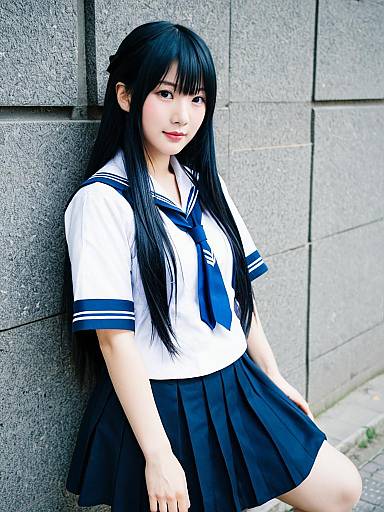 Japanese Schoolgirl in Sailor Uniform by Stone Wall