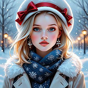 Winter Portrait of Young Woman in Snowflake Scarf and White Hat with Red Bows