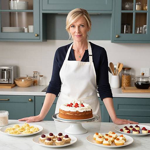 Woman Baking Assorted Desserts in Modern Kitchen with Teal Cabinets