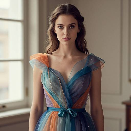 Elegant Woman in Sheer Multi-Color Romantic Gown